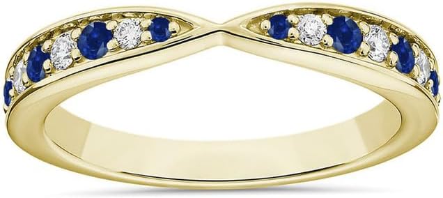 Alternate Blue Sapphire & White Diamond Contour Matching Wedding Band For Women, 14k Gold Finish Blue Sapphire Stackable Crossover Band, Anniversary Ring