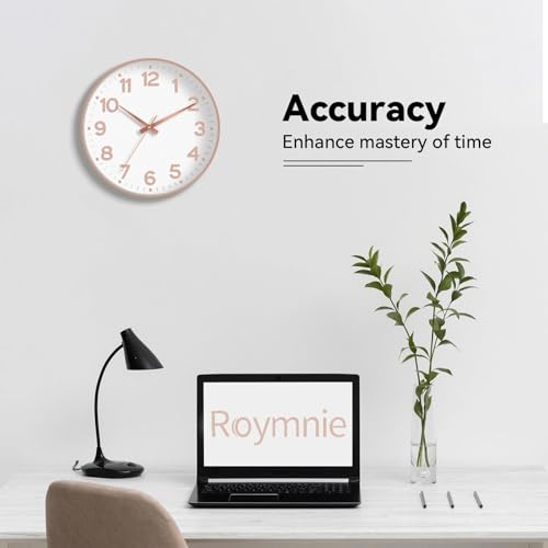Image of Roymnie Wall Clock 12 Inch Silent Wall Clocks Battery Operated- Modern Non Ticking Analog Clock Decorative for Living Room Bedroom Office Kitchen(White Rose Gold)