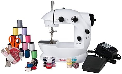 Sunbeam Mini Portable Sewing Machine AC Adapter Foot Pedal And Over 75 Piece Sewing Kit Included, Drop In Bobbin For Easy Set Up, Double Thread and Speed, Pre Threaded Ready To Use, Battery Operated As Well