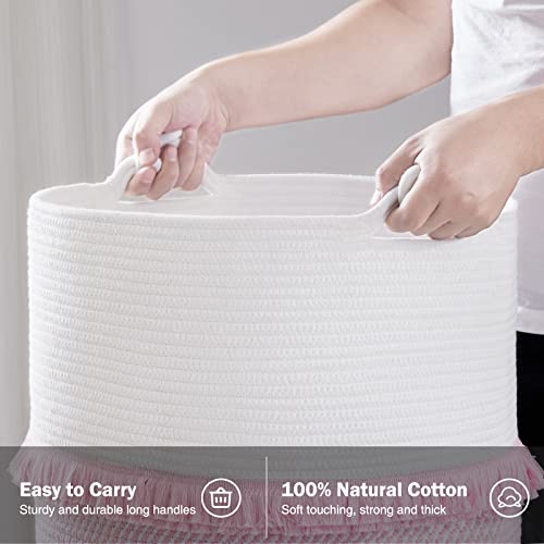 Youdenova Tassel Basket, 55L Blanket Toy Storage Basket, Woven Cotton Rope Basket With Handle, Baby Laundry Hamper Basket For Blankets, Toys And Towels, 16"×17" Pink #TOP3