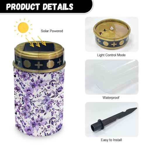 Image of Purple Floral Cemetery Solar Lights Water Resistant LED Flameless Candle Grave Lights Solar Powered Grave Decor Memorial Gift Outdoor Garden Decor Light for Prayer 2 Pcs