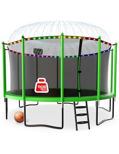 LHX 12FT Tranpoline Outdoor 1500LBS with Basketball Hoop Light and Sprinkler Large Heavy Duty Round Recreational Tranpoline for Kids and Adults for Family Backyard Fun ASTM Approved Green