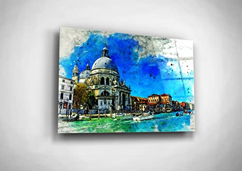 Venice Watercolor Painting Grand Canal Fine Art Authentic Italy Wall Art Architectural Scenery World Traveler Gift Idea Colorful Living Room Decor Glass Canvas Print Bright Urban Decoration #TOP25
