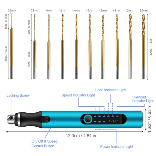 Mini Handbohrer Elektrisch, 3 Gang Mini Handbohrer Elektrisch, DIY Mini Bohrer, Mit 10 Bohrern, Wiederaufladbar, Wiederaufladbare Bohrmaschine für Modellbau, Holz, HarzSchmuckherstellung, Blau