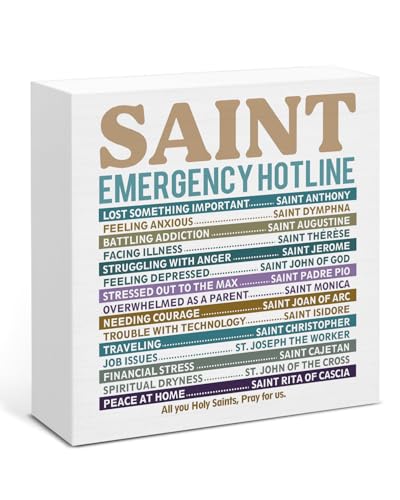 Christian Gifts for Women Men Catholic Decor Saint Emergency Wood Block Sign for Home Office Desk Decoration 5 x 5 Inches