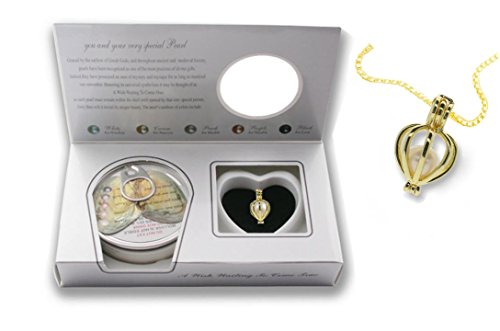 Pearlina Cultured Wish Pearl in Oyster Necklace Set Gold Plated Cage Locket w/Stainless Steel Chain 18"2
