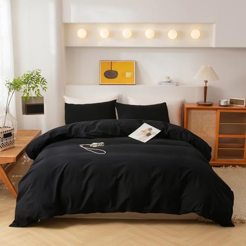 Image of ECOCOTT 3 Pieces Duvet Cover Queen Size 100% Washed Cotton 1 Duvet Cover with Zipper and 2 Pillowcases, Ultra Soft and Easy Care Breathable Cozy Simple Style Bedding Set (Black,Queen)