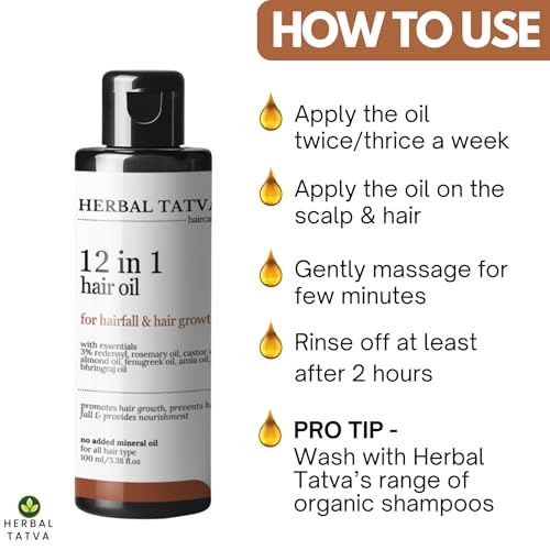 Image of Herbal Tatva 12-in-1 Hair Oil | For Hair Growth, Hair Fall Control & Healthy Scalp | Redensyl, Rosemary, Castor, Amla, Coconut, Almond, Bhringraj | 100% Pure, Natural & Organic | For Men & Women | (100ml x2)