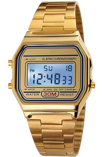 PASOY Men's Digital Gold Stainless Steel Watch Backlit Multifunction Stopwatch Waterproof Sport Watches