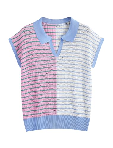 Image of ZAFUL Women's Short Sleeve Summer Sweaters for Women Lightweight Polo Sweater Shirts Lapel V Neck Pullover Knit T Shirts