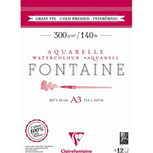 Lot de 5 Bloc encollé de 12 feuilles de papier aquarelle Fontaine grain fin, 300 g/m², A3