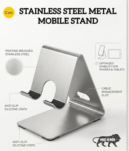 Image of iCare Stainless Steel Mobile Phone Holder Stand |Anti-Slip Silicone Grip| Laser Printed Customizable Premium Brushed Finish | Made in India|Desk Stand for Smartphones | Custom Logo Small Quantity