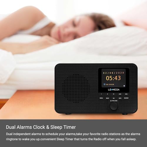 Image of LEMEGA IR1 Portable WIFI Internet Radio,FM Digital Radio,Bluetooth Speaker,Dual Alarms Clock,Sleep Snooze Timer,40 Presets, Headphone-Output,Colour Display,Batteries or Mains Powered - Black Finish