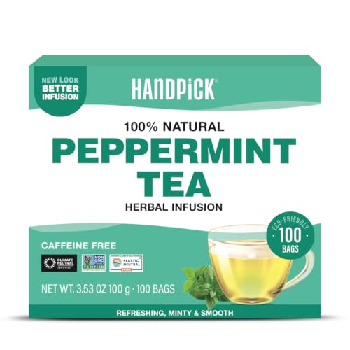HANDPICK Peppermint Tea (100 Tea Bags) Fresh Natural Mint Leaves, Non GMO