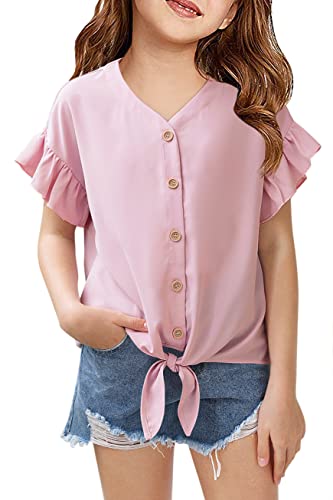 Image of Girls Ruffle Short Sleeve Shirts V Neck Tie Front Knot Tops Button Cute Tunic Shirts Blouse