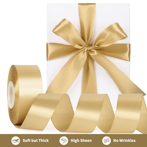 Image of Mauproy 1-1 /2 Inch Wide Champaign Gold Satin Ribbon, 50 Yards Solid Polyester Fabric Ribbon for Roses Making, Gift Wrapping, Flower Bouquets, Wedding Decorations, Handmade Crafts