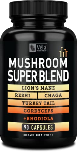 VÃ©la Mushroom Super Blend - Brain Supplement for Focus, Memory, Clarity, Energy - Contains Reishi, Lion's Mane, Cordyceps, Turkey Tail, and Chaga Mushrooms - 90 Capsules
