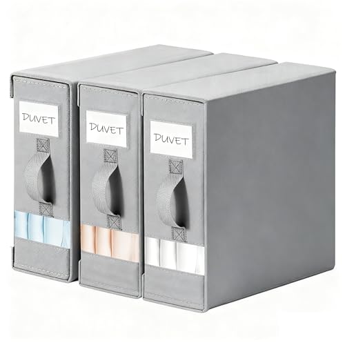 DIMJ Bedding Storage Foldable Bed Sheet Organiser, 3 Pack Underbed Storage Box with Zip for Queen/King Sheets with Handle and Clear Tab Bag for Duvet Covers, Pillow Cases, Blanket, Clothes, Wardrobe