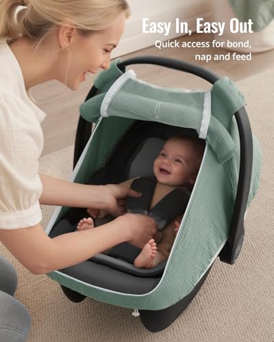 Sonnenschutz Babyschale mit Sichtfenster, 2-in-1 Muslin Bezug mit UV Schutz 50+, Insektenschutz & Stilltuch, Passend für Maxi Cosi, Cybex, Joie – Für Babyschale, Kinderwagen, Fahrradanhänger (grün)
