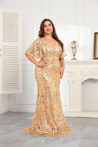 Image of Plus Size Glamous Short Sleeves Womens Sequin Dress Formal Gowns Evening Glitter Mermaid Prom Dress