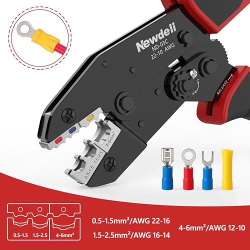 Image of Newdeli Wire Crimping Tool for Insulated Wire Connectors - AWG 22-10 Ratchet Wire Crimper Tool Electrical Wire Terminal Connectors Ratcheting Crimping Plier Crimp Tool