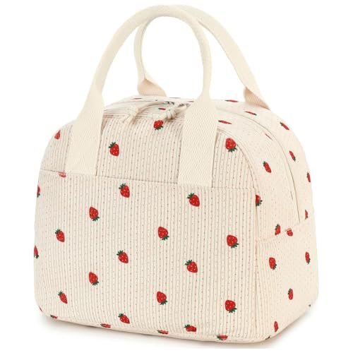 Borsa termica per il pranzo da donna, colore bianco, fragola, beige, borsa termica con alta capacità di raffreddamento, design a tenuta stagna, riutilizzabile, in velluto a coste, per lavoro, scuola