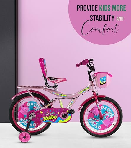 Image of OXYGEN Girl 20T Kids Bicycle for Girls 5-9 Years with Training Wheels, Basket & Rear Carrier, High Tensile Steel Frame, Single Speed Beginner Kids Cycle, Professional Assembly Required (Pink)