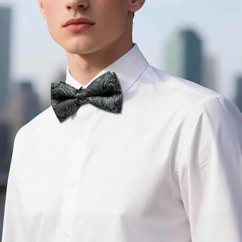 Image of Barry.Wang Paisley Striped Bow Tie for Men Silk Pre-Tied Bowtie Pocket Square Cufflinks Set Formal Wedding Party Prom