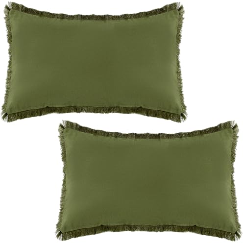 Image of Tennove Cushion Covers 30x50cm Set of 2 Decorative Boho Throw Pillow Case with Fringe Tassels Washed Cotton Linen Soft Farmhouse Pillow Cover for Home Sofa Bed Room, Moss Green