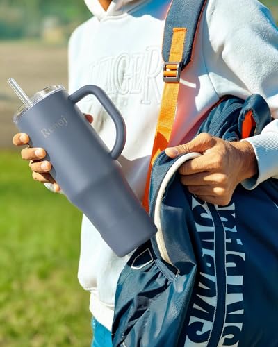 Image of Renoj Insulated Mug 100% Spill Resistant Insulated Water Bottle for Iced Coffee & Hot Drinks - Fits Car Cup Holder, Ideal Gift, 2 Straws & Silicone Boot - FlexSlide Navy Blue 40 oz