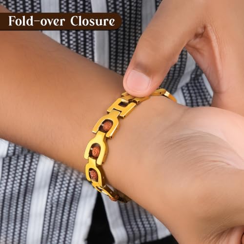 Image of The Wallet Store Personalized 24K Gold Plated Bracelet Style Rakhi for Brother with Real Lab Certified Panchmukhi Rudraksh | Custom Name Engraved Rakhi Bracelet | Raksha Bandhan Gift for Bhai