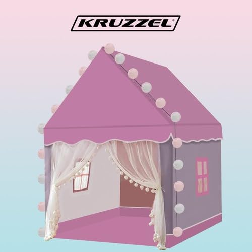 KRUZZEL Kinderzelt – Rosa Prinzessinnenhaus 130 × 100 × 115 cm mit 3 m LED – Lichterkette – Faltbares Spielhaus für Kinderzimmer und Garten Spielzelt Schloss für Mädchen – Indoor & Outdoor