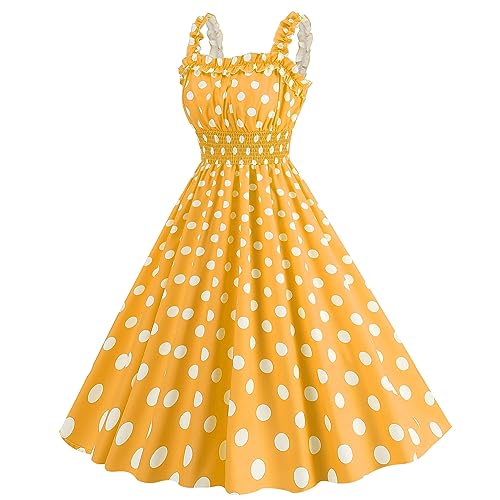 Image of 50s Style Dresses for Women Vintage 1950s Retro Cocktail Dress 40's 50's Polka Dot Pinup Dresses for Women Rockabilly Audrey Hepburn Halloween Costume 1960s Tea Party Pin up Outfits Yellow XL