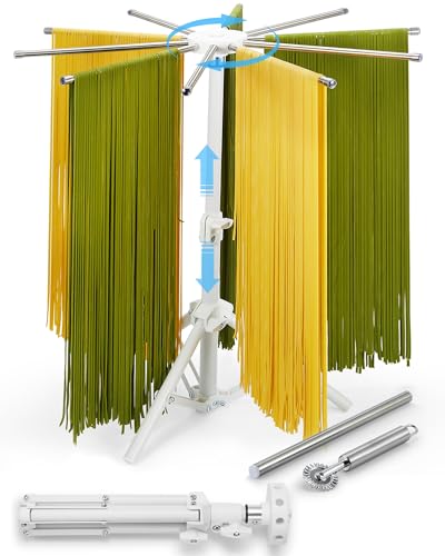 MUMSUNG Pasta Drying Rack Collapsible, 360° Rotating, Adjustable Height(14.5'-23.6'), 304 Stainless Steels Arm, Large Noodle Dryer Foldable with Ravioli Wheel for Homemade Fresh Pasta Spaghetti
