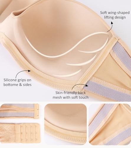 Lemorosy Push up Strapless Bra Women's Anti-Slip Invisible Seamless Wireless Lift Support(Beige,36A) - Image 6