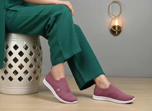 Image of Women's Slip-On Sneakers, Pink, Breathable Knitted Fabric, Lightweight & Flexible Sole