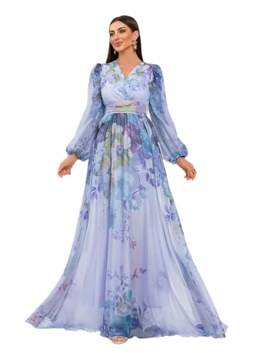 Image of TOLEEN Summer Casual Dresses for Women 2024 Spring Fashion Boho V Neck Long Sleeve Ruffle Floral Print Elegant Maxi Dress