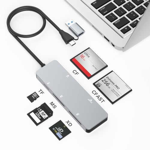 Lecteur de carte CFast,USB 3.0 USB C CFast 2.0,adaptateur de carte mémoire CFast haute vitesse en aluminium 5 Gbit/s CFast/CF/SD/TF/XD pour SanDisk,Lexar,carte Sony, lecture simultanée de 5 cartes