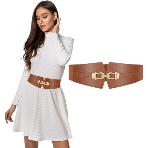 Wide Elastic Belts for Women Stretch Belt Gold Buckle Stretchy Waist Belts for Dresses Coats