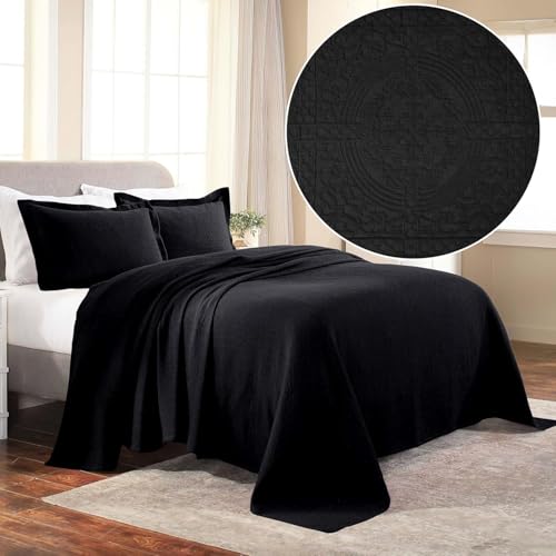 Superior Cotton Fleur De Lis Bedspread Set, Warm Blankets, All-Season Bedding, Bedroom Decor, Decorative Boho Medallion Coverlet, Includes 1 Bedspread, 2 Pillow Shams, Queen, Black