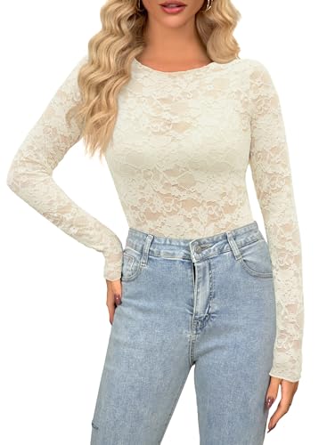 Damen Sexy Oberteil Transparent Bluse Netzoberteil Mesh Crop Top Langarm Durchsichtiges Oberteile Festival Mesh Sheer Basic Shirt Y2K Rave Outfit Party Clubwear(9372S Beige01)