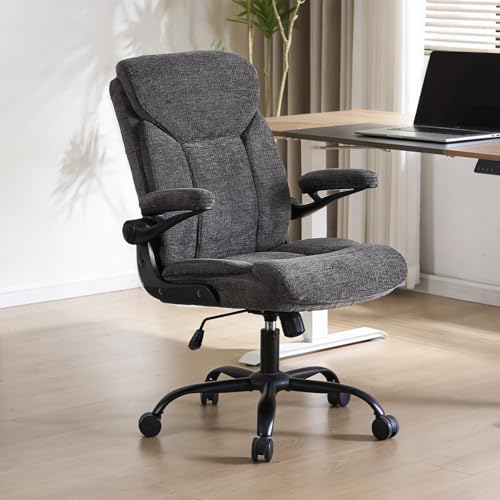 Home Office Ergonomic Desk Chair - Comfy Fabric Executive Chair with Flip-Up Armrests Height Adjustable Computer Chair for Gaming 360 Swivel & Rocking (Grey)