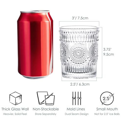 Kingrol 6 Pack 9 oz Romantic Water Glasses, Small Drinking Glasses Tumblers, Vintage Glassware Set for Juice, Beverages, Beer, Cocktail