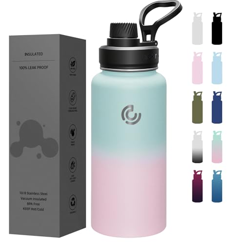COKTIK 32 oz Sports Water Bottle With Straw,3 Lids, Stainless Steel Vacuum Insulated Water Bottles,Leakproof Lightweight, Keeps Cold and Hot, Great for Travel, Hiking, Biking, Running (Bubble Gum)