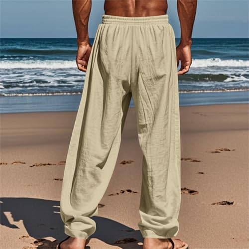 Men's Cotton Linen Pants Elastic Waist Drawstring Wide Leg Pant Relaxed Fit Yoga Beach Trousers with Pockets3