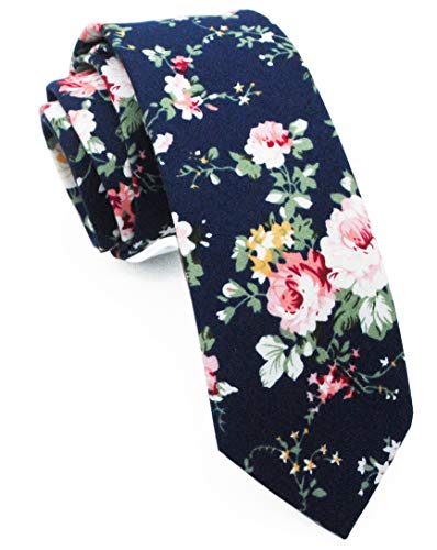 Zenxus Mens Cotton Skinny Navy Floral Tie Combo Set With Pocket Square #TOP1