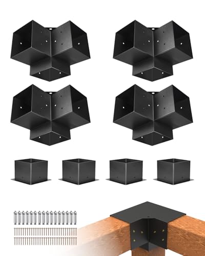 VEVOR Kit Supports de Pergola, Lot de 8, Support de Poteau Bois 142x142 mm, 4 Supports d'Angle 3 Voies, 4 Bases de Poteaux, Acier au Carbone, pour Poutres Bois Standard,...