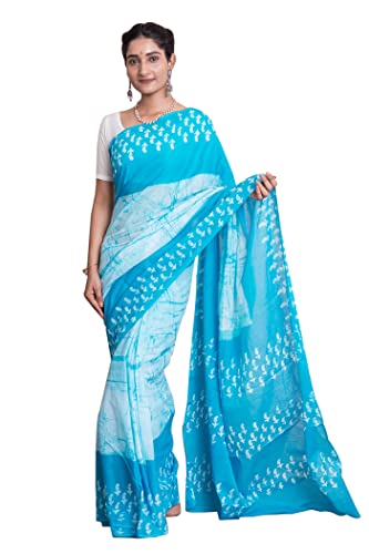 Tissu batik en coton imprimé main Firozi de 5,5m pour confectionner un sari élégant