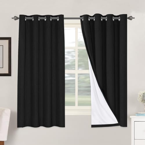 Image of H.VERSAILTEX Linen Blackout Curtains 63 Inches Long 100% Blackout Thermal Insulated Textured Linen Look Curtain Draperies Anti-Rust Grommet, Energy Saving with White Liner, 2 Panels, Black