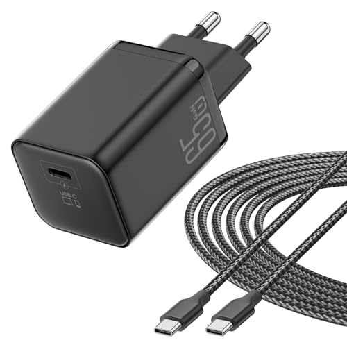 Cargador de 65W para MacBook Air, Carga Rápida USB C GAN II PD3.0 Cargador Portátil Compacto Compatible para iPhone 17/17Pro/16/15, para Ordenador portátil, para Samsung con Cable Trezado de 2metros